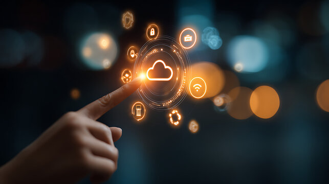 Human finger touching glowing cloud interface with digital icons image