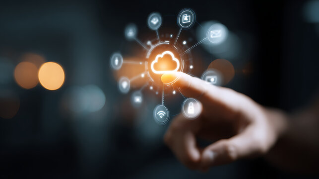 Human finger touching glowing cloud network interface with digital icons technology cloud computing