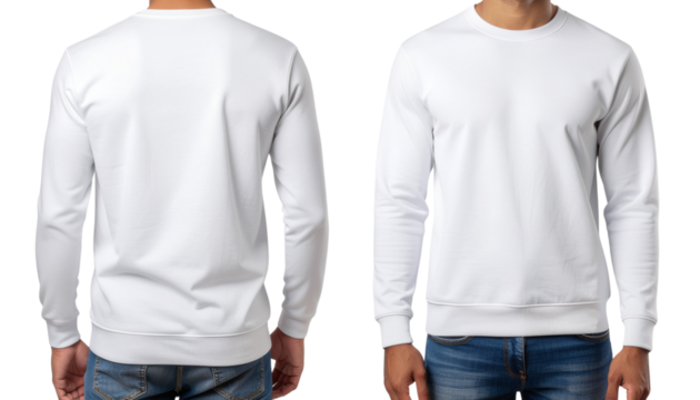 A man is wearing a white sweatshirt t-shirt, both on the front and back sides.
