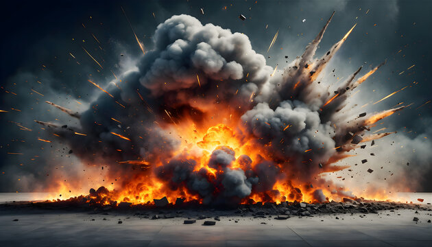 An explosion of fire, bomb, blast, riots, explode smoke