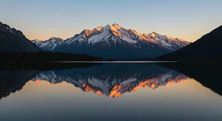 Snowy mountain peaks reflected in a pristine lake at sunrise