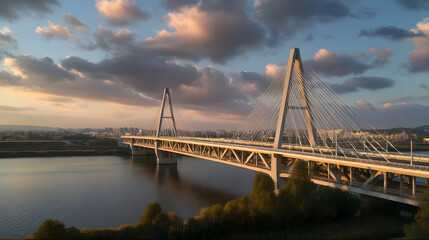 Modern suspension bridge spanning a river under a dramatic sunset sky with colorful clouds