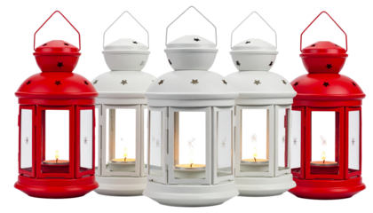 Classic red Christmas lantern with glowing candle isolated on pure white background. High-quality transparent PNG perfect for holiday cards, winter scenes & festive designs.