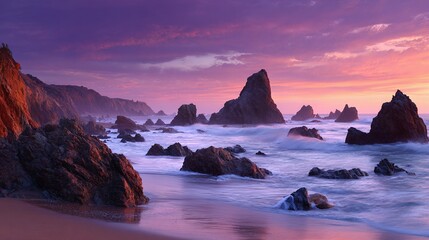 Majestic coastal vista with rock formations meeting a pastel sunset sky, and waves. A serene landscape that evokes a sense of peace, wonder, and natural beauty. 174 characters