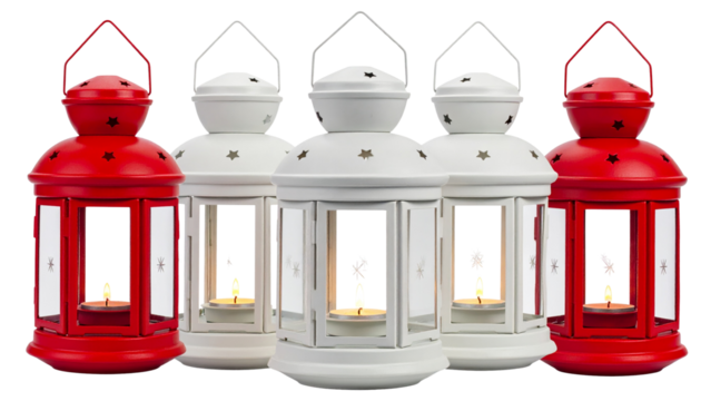 Classic red Christmas lantern with glowing candle isolated on pure white background. High-quality transparent PNG perfect for holiday cards, winter scenes & festive designs.