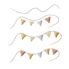 Watercolor garland triangular flags. The illustration is isolated from background for decoration, party invitations, birthday cards. The hand-drawn illustration in vintage childish style for postcards