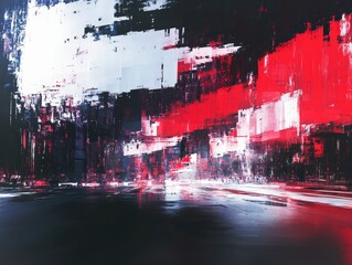 Abstract cityscape painting with red white and black brushstrokes creating a futuristic urban scene