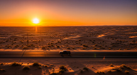 Naklejka premium Desert highway aerial shot with a black pickup truck casting long shadows