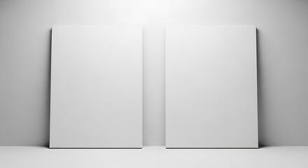 Naklejka premium Two blank white canvases leaning against a white wall with subtle lighting, perfect for mockups or artistic presentations