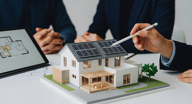 Real Estate Agent Discussing Solar Panels on a Miniature Eco-Friendly House Model with Clients for Sustainable Home Investment