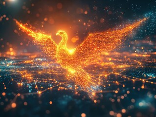 Glowing phoenix rising above digital city landscape with connected dots and lines in orange and blue hues