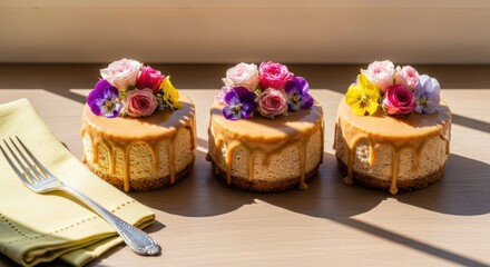 Peanut butter cheesecake Three delicious caramel cheesecakes adorned with vibrant edible flowers, arranged on a wooden surface beside a linen napkin.