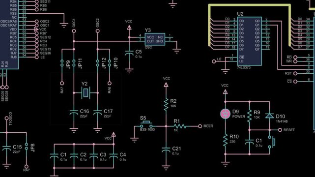 Video animation with schematic diagram of electronic device. Drawing electrical circuit with capacitor, resistor, 
diode, led, microcontroller, integrated circuit.
Animated motion effect.