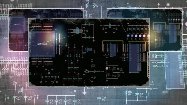 Video animation with schematic diagram of electronic device. Drawing electrical circuit with capacitor, resistor, 
diode, led, microcontroller, integrated circuit.
Animated motion effect.
