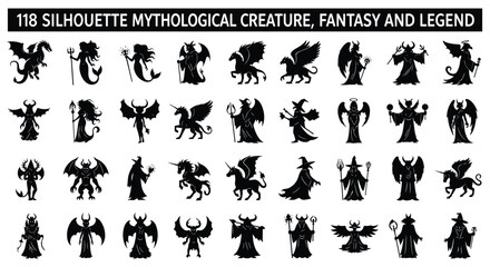 Mythological creatures and fantasy legends silhouettes set, including dragons, demons, witches, mermaids, angels, and unicorns, collection of vector icons on white background