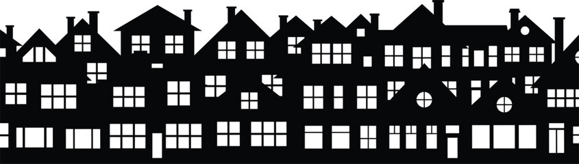 Old town houses and buildings skyline silhouette, urban architecture streetscape black border, vector illustration of city neighborhood isolated on white background