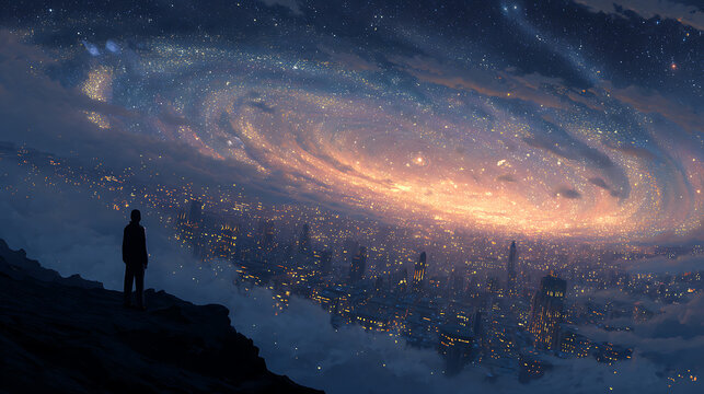 Lone figure gazes upon a sprawling city under a swirling galaxy person silhouette