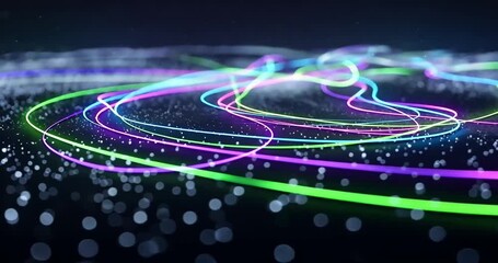 Colorful light trails create a dynamic abstract background with glowing particles in motion - Powered by Adobe