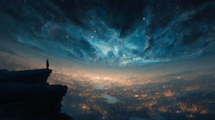 Lone figure silhouetted on cliff overlooking illuminated city under starry sky person edge