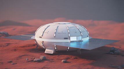 Futuristic pod on the surface of Mars with solar panel wings.