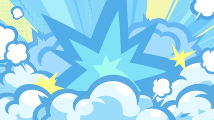 アメコミ風の衝撃の煙と光の背景イラスト_水色_16:9