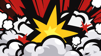 アメコミ風の衝撃の煙と光の背景イラスト_赤_16:9