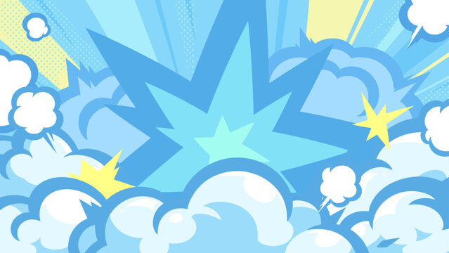 アメコミ風の衝撃の煙と光の背景イラスト_水色_16:9