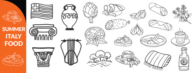 Summer Italy food print, hand drawn travel Mediterranean icon set Italian vintage vacation emblem. Traditional cuisine elements, Amalfi lemon silhouette wine glass bottle. Italy summer coastal  set 