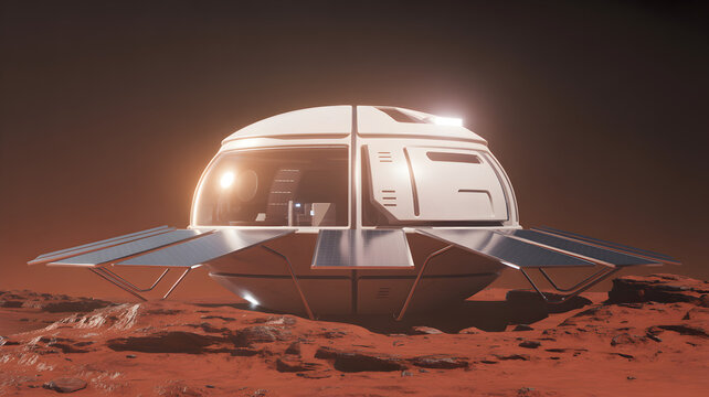 Futuristic white Martian habitat with solar panels on red planet surface.