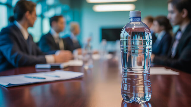 Plastic water bottle on conference table during business meeting with blurred executive team
