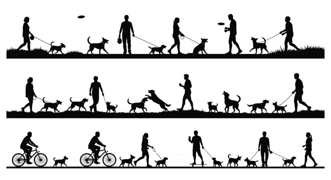 People walking and playing with dogs silhouettes set, men and women outdoors with pets, vector illustration of dog owners isolated on a white background