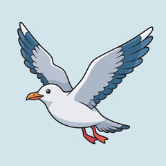 Obraz premium A cute cartoon seagull flying with its wings spread wide against a light blue background.