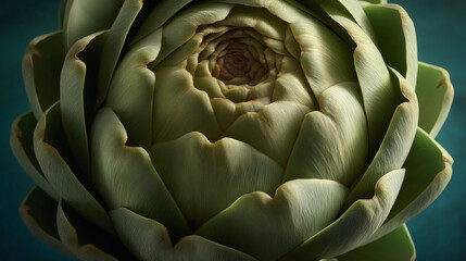 Fototapeta premium close-up shot of a whole artichoke with layered petals, matte green texture, soft dramatic light
