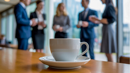 Coffee cup on wooden table in foreground with business people meeting blurred in background