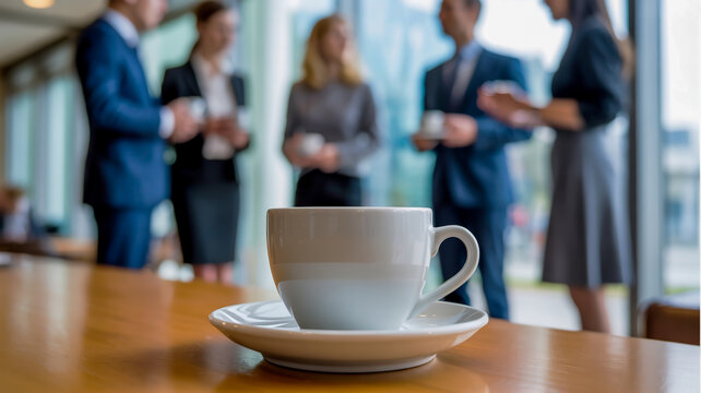 Coffee cup on wooden table in foreground with business people meeting blurred in background - Powered by Adobe