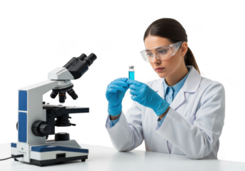 Scientist with microscope and vial isolated on transparent background