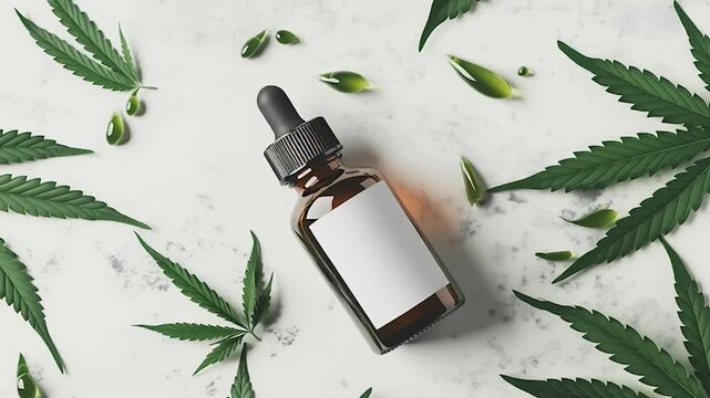 CBD Oil Bottle with Cannabis Leaves, Product Mockup, Top View.