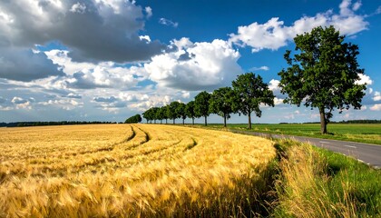 Golden wheat field under a blue sky with fluffy clouds.