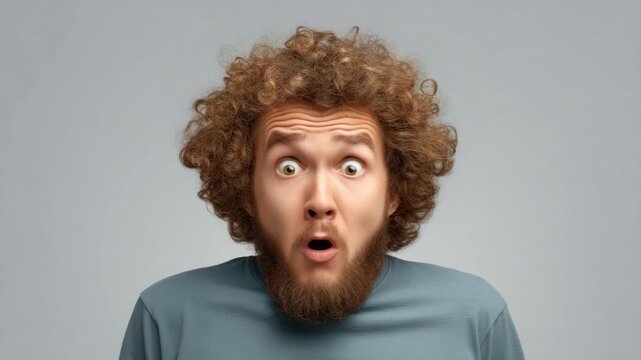 Young man with curly hair making a funny face while looking directly at the camera against a simple light background, showing surprise and confusion