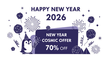 Happy New Year 2026 Celebration: A captivating visual announcement that embodies the joyous spirit of a fresh beginning, with an adorable penguin mascot and fireworks.