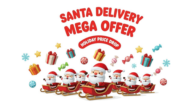 Santa Delivery Mega Offer: A festive graphic advertising a holiday mega offer, showcasing multiple Santa Claus figures in their sleighs.
