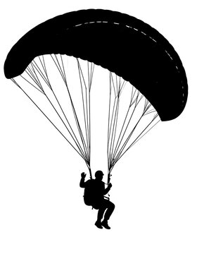 Silhouette of a paraglider soaring through the air with parachute.