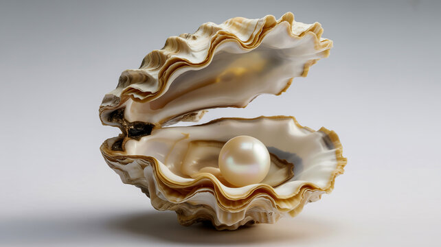 A single lustrous white pearl resting inside an open oyster shell against a light background