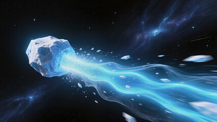 Asteroid traveling through space leaving a blue glowing trail behind while drifting past stars Generative AI