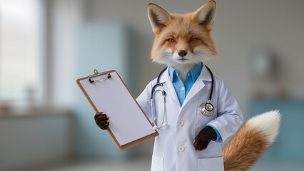 Funny fox dressed as a doctor holding a clipboard in a medical office during daytime Generative AI