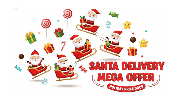 Santa's Christmas Delivery: An eye-catching illustration showing a merry Santa Claus, steering his sleigh and offering a festive delivery service for a holiday price drop.