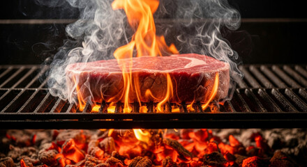 Grilling a perfectly marbled steak over sizzling flames in a backyard setting during summer evening gathering Generative AI