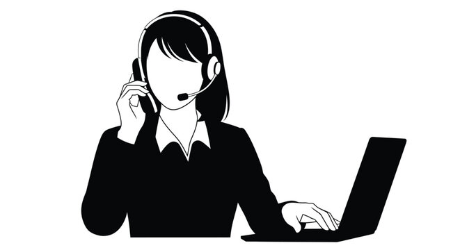 A woman with headphones working on a laptop depicted in black and white