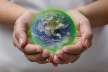 Hands hold a glowing globe representing care for the Earth and future generations in a hopeful display of unity Generative AI