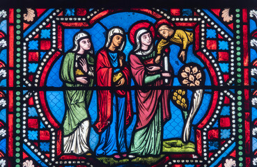 Naklejka premium Stained glass (19th century) of Women at the tomb after Jesus' Resurrection.